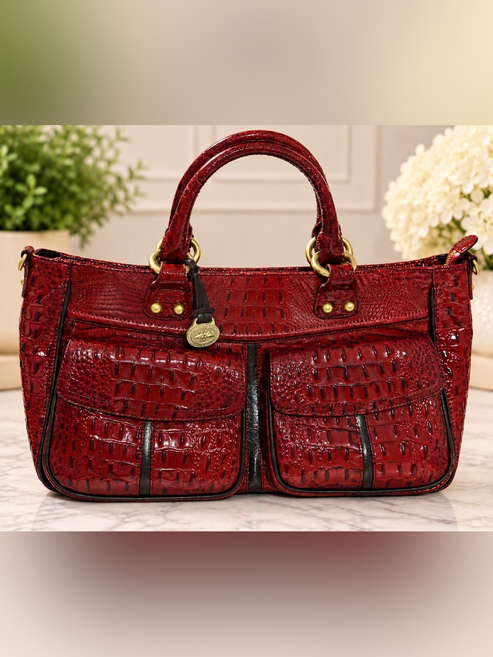Brahmin Red Croc-Embossed Satchel with Gold Hardware east west style